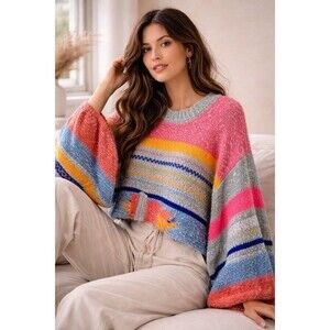 Boho Chunky Knit Sweater Womens M Colorful Patchwork Cropped Free Spirit